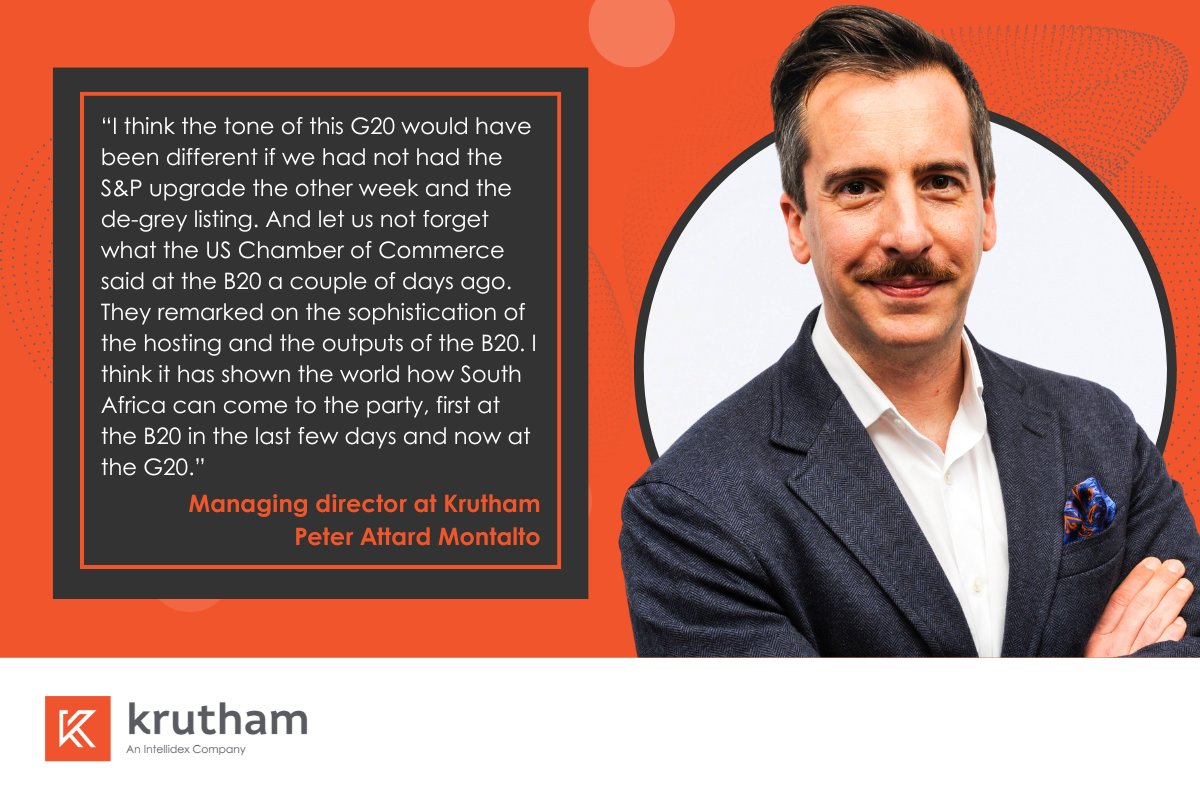 Krutham MD Peter Attard Montalto joined <a href="/Newzroom405/">Newzroom Afrika</a> from the G20 Summit at Nasrec to discuss the Leaders’ Declaration and how G20 nations view South Africa as an investment destination.

Visit krutham.com/insights/watch… to watch both interviews.