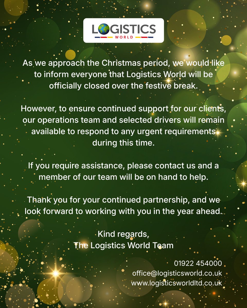 LogisticsWorld3's tweet image. Just a friendly heads-up on our Logistics World festive schedule! 🎄

Our operations crew and selected drivers will be on standby to respond to any urgent enquiries over the festive break. 😊

#festivesupport  #logisticsworld