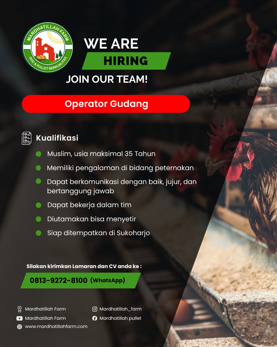 lokersoloraya's tweet image. 📢📢  MARDHATILLAH FARM &amp;amp; AGRICULTURE OPEN RECRUITMENT ⁣📢📢 
⁣
Untuk kriteria cek di foto yaaa
⁣
✅ Full Time

Jika kamu adalah Kandidat yang kami cari, ⁣
segera kirim CV dan Lamaran ke: 0813-9272-8100

#openrecruitment #jobseeker #lowongankerja #infolokersolo