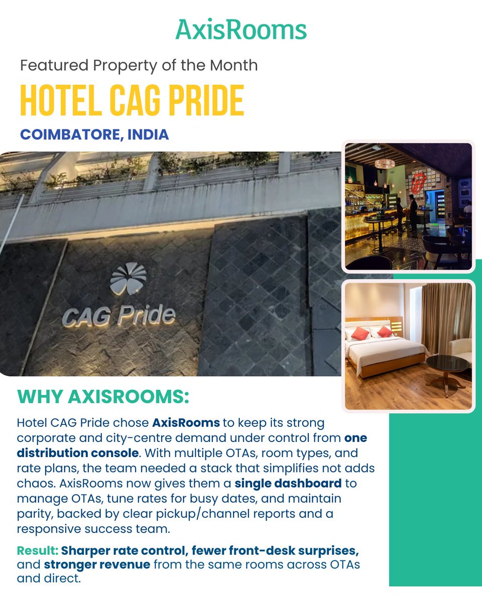 Featured Property of the Month 🌟
Hotel CAG Pride, Coimbatore
With AxisRooms, they control rates, inventory &amp; parity from a single dashboard—leading to fewer front-desk surprises and stronger revenue.
axisrooms.com
#AxisRooms #HotelCAGPride #HotelTech #ChannelManager
