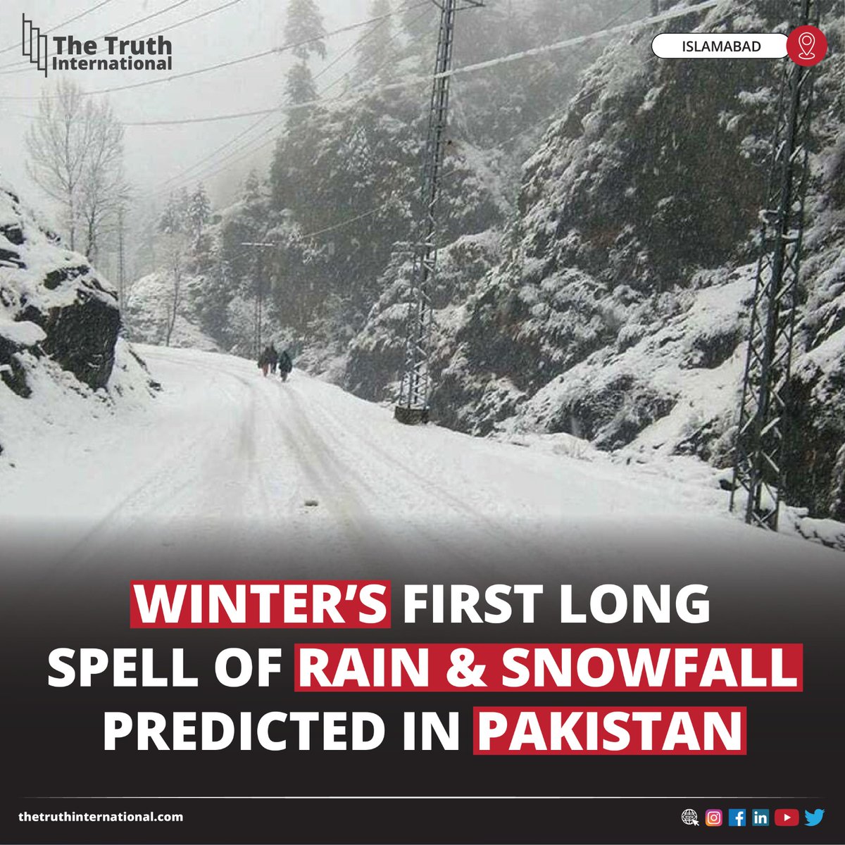 ttimagazine's tweet image. Winter’s first Long spell of rain and snowfall predicted in Pakistan

CLICK HERE: thetruthinternational.com/winters-first-…

#Winter #LongSpell #Rain #Snowfall #Predicted #Pakistan #Islamabad #TTI