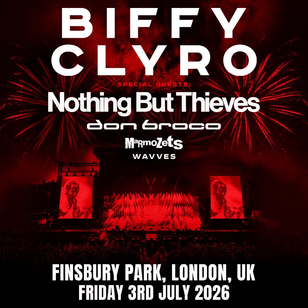 FRfestivals's tweet photo. Biffy Clyro are taking over Finsbury Park on 3rd July 2026 for their biggest ever headline show with support from Nothing But Thieves, Don Broco, Marmozets and Wavves 🙌
 
Festival Republic presale starts 10am Thursday 27th November
General Sale is from 10am Friday 28th https://t.co/f6u3tEtCCE