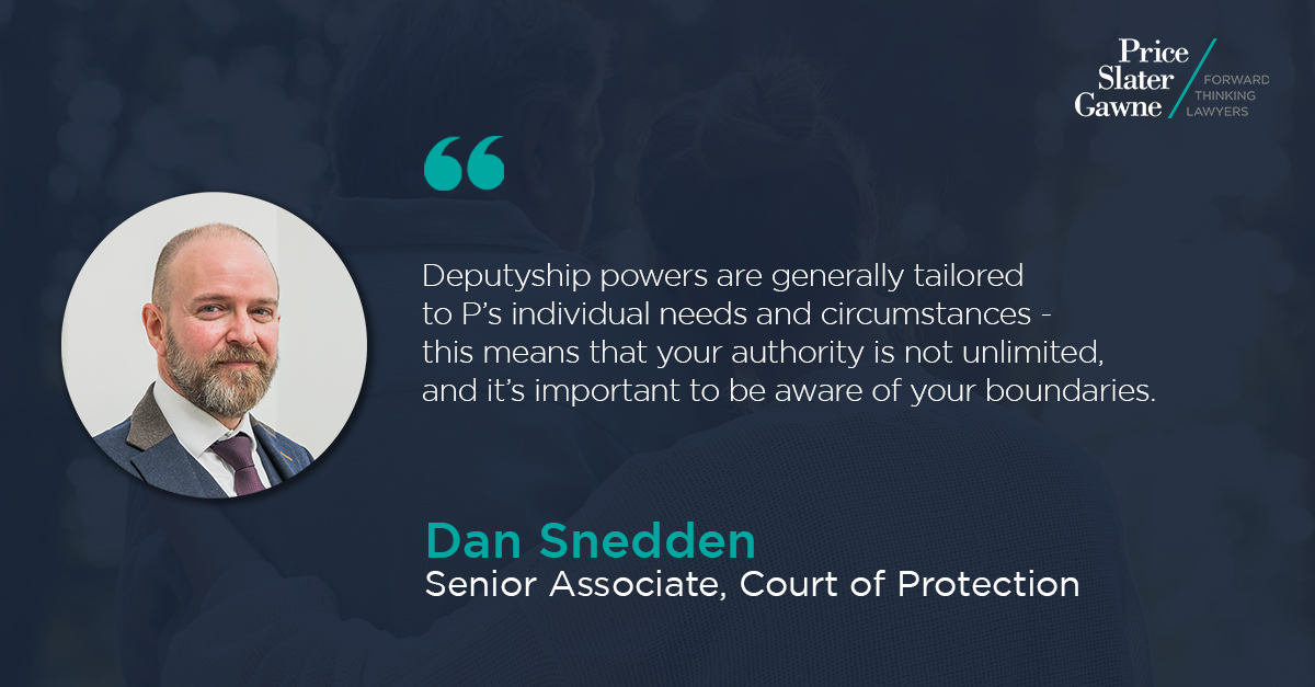 Managing a loved one’s affairs through the Court of Protection comes with a wide range of duties – but effective Deputyship also means recognising where your responsibilities end.

Senior Associate, Dan Snedden, discusses the limits of lay Deputyship: psg-law.co.uk/articles-and-a…