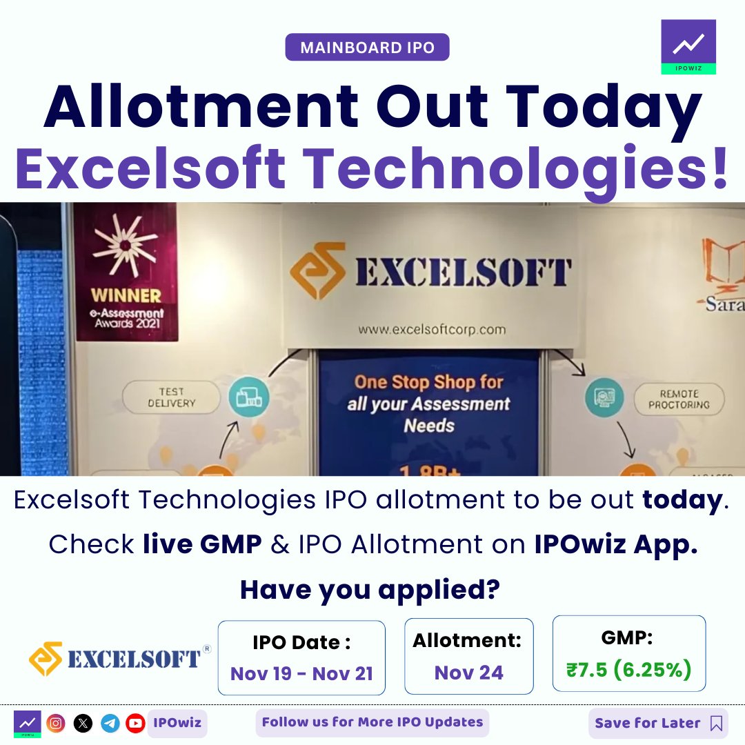 ipowiz's tweet image. Excelsoft Technologies IPO Allotment Today 🔥🥳

#ipo #ipoallotment #excelsoftipo #excelsoftTechnologies