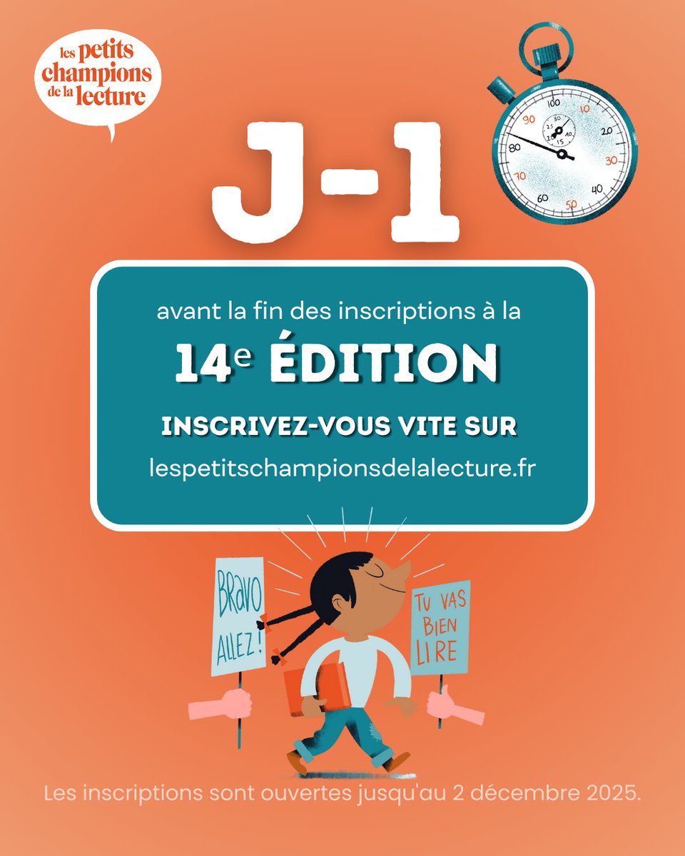 championlecture's tweet image. ⏰ J-1 pour s’inscrire à la 14e édition des Petits champions de la lecture !

👉 L’inscription se fait en quelques minutes, directement ici :
lespetitschampionsdelalecture.fr

Bonne journée ! 💛📖
#lecture #CM1 #CM2 #plaisirdelire #concours #lecturealecole