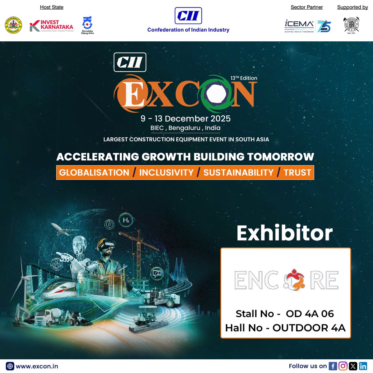 CII_Excon's tweet image. ENCORE Equipment Solutions Pvt. Ltd. showcases innovative construction equipment designed for performance, reliability, and smart operations.

Meet them at #EXCON2025.

📍 Stall No: OD 4A 06
📍 Hall: Outdoor 4A
🌐 excon.in

#EncoreEquipment #ConstructionSolutions…