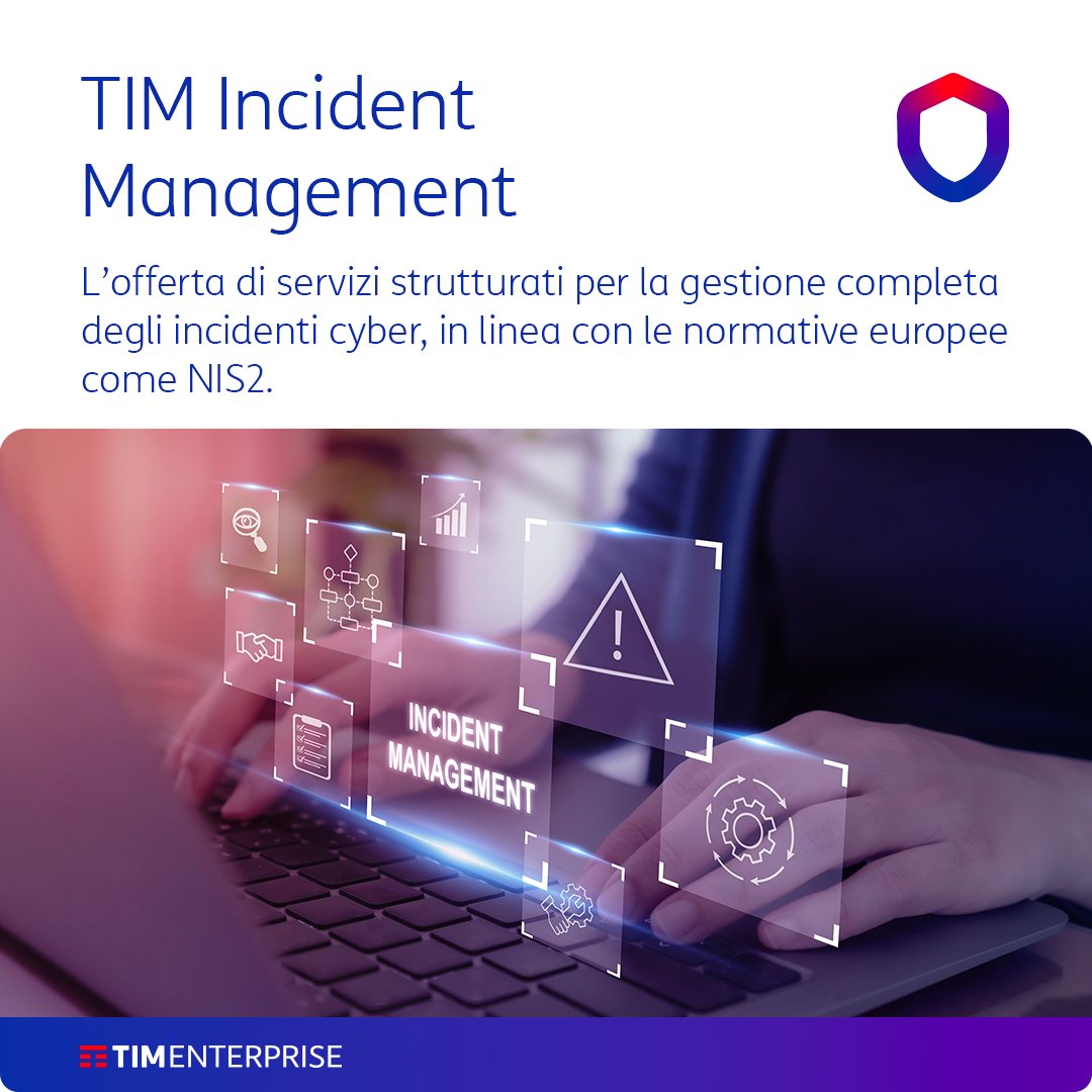 TIM_Enterprise's tweet image. Con TIM Incident Management di #TIMEnterprise gestisci l’intero ciclo di vita dell’incidente informatico — dalla governance alla recovery — adottando un framework in linea con le normative europee (NIS2, GDPR) e le best practice internazionali.

✅ Gestione integrata del cyber…