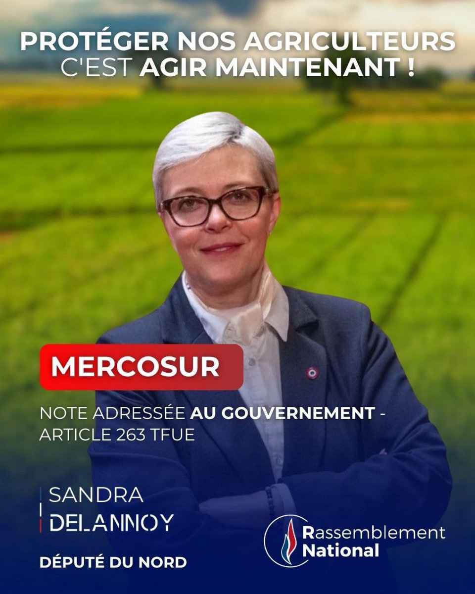 SandraDELANNOY1's tweet image. 🔵 Accord UE–#Mercosur : j’interpelle de nouveau @AnnieGenevard ! 

Suite à ma question du 4 novembre, j’ai adressé à la ministre de l’Agriculture une note détaillant les recours possibles via l’article 263 du TFUE.

La bataille continue pour et avec nos agriculteurs !
