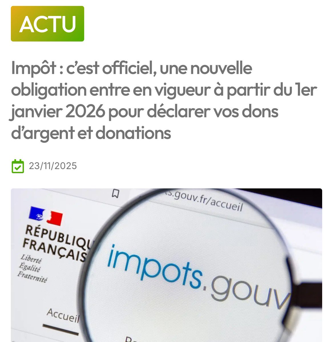camille_moscow's tweet image. 🇫🇷 💸 France 2026 : un pas de plus dans l’enfer fiscal.

À partir du 1er janvier 2026, tous vos dons d’argent — même familiaux, même modestes — devront être déclarés obligatoirement en ligne sur impots.gouv 
Fin des formulaires papier, sauf rares exceptions « sans Internet ».…