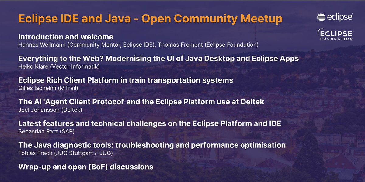 EclipseJavaIDE's tweet image. Why should you join the Eclipse IDE and Java Open Community Meetup in Stuttgart?

🌐 Meet organisations contributing to the Eclipse IDE and Platform
🎓 Learn how #EclipseFdn technologies power dev tools
🗣 Network
👩‍💻 Get involved in open source

Register:
hubs.la/Q03VB8yl0