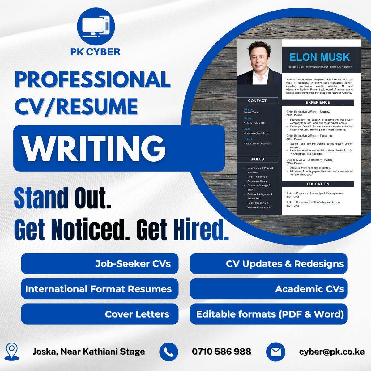 PKCyber_Cafe's tweet image. We write and design CV zote, professional, modern, ATS au basic. DM sasa tukutengenezee CV itakayokushikisha job!

.
.
#CVDesign #JobReady #CareerGoals #ProfessionalCV #ATSCompatible #ModernCV #CVWriting #CVHelp #JobHunting #CVUpgrade #CareerSuccess #ElonMusk #JobSeeker #CV