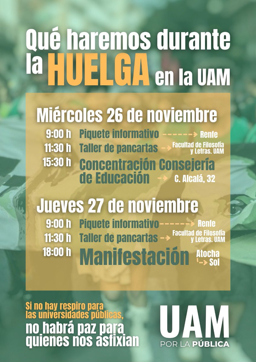 Buenos días!

Estas serán las acciones que tendrán lugar los días de huelga (26 y 27) en el Campus de Cantoblanco de la UAM. Os animamos a participar en todas ellas. 

Los días de huelga son días de lucha!! #Huelga2627N✊🔥

Os esperamos a todxs para construir juntxs esta huelga.