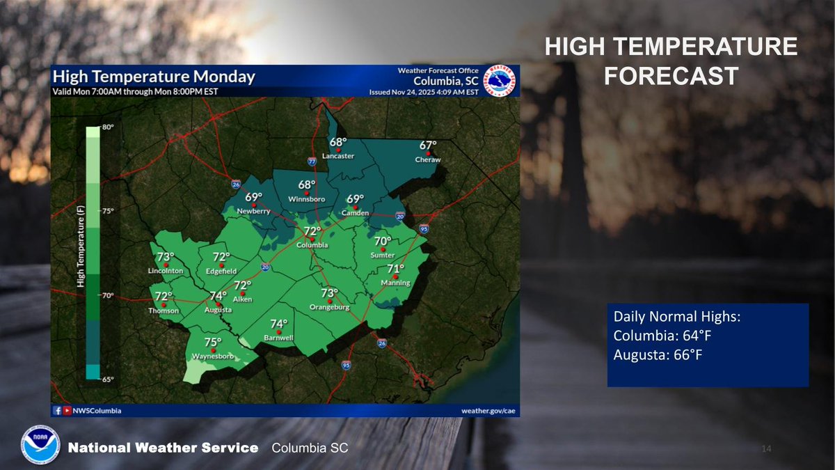 Another warm day with forecast highs ranging from the upper 60s to mid-70s.