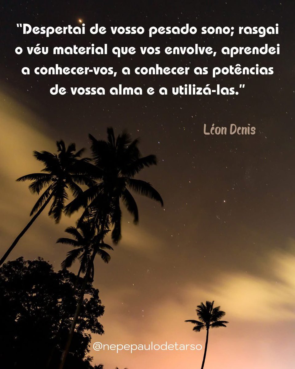 nepepaulo_tarso's tweet image. (Léon Denis – O Problema do Ser, do Destino e da Dor, cap. 20)
“Despertai de vosso pesado sono; rasgai o véu material que vos envolve, aprendei a conhecer-vos, a conhecer as potências de vossa alma e a utilizá-las.”