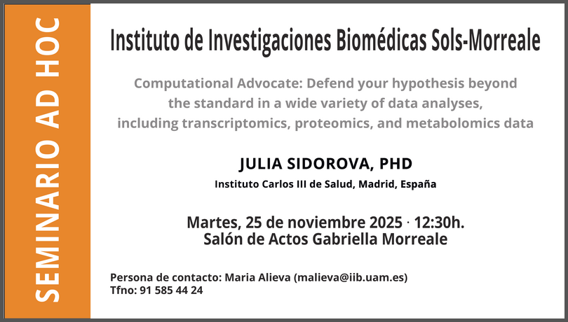 🟠 Seminario Ad Hoc en el #IIBmCSICUAM

🗣️ Julia Sidorova del Instituto de Salud Carlos III, <a href="/SaludISCIII/">Instituto de Salud Carlos III (ISCIII)</a> impartirá un seminario

🗓️ Martes, 25 de noviembre 12:30 h  
📍 Salón de Actos Gabriella Morreale
Más info: 👇