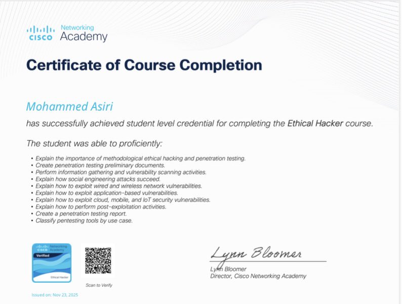 Mohammeed_po_a's tweet image. بعد توفيق الله ، أنهيت برنامج
 “Ethical Hacker &quot; 
من Cisco Networking Academy (بإجمالي 70 ساعة)، وأصبحت متمكناً في:

- تخطيط اختبار الاختراق.
- فحص الثغرات (Vulnerability Scanning).
- استغلال ثغرات الشبكات السلكية واللاسلكية

New challenge ✅

#CiscoNetworkingAcademy…