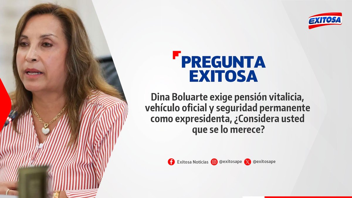 exitosape's tweet image. 🔴🔵 ¡Participa en la #PreguntaExitosa! 🚨📢

Dina Boluarte exige pensión vitalicia, vehículo oficial y seguridad permanente como expresidenta, ¿Considera usted que se lo merece?

🌐 Más información: exitosanoticias.pe
