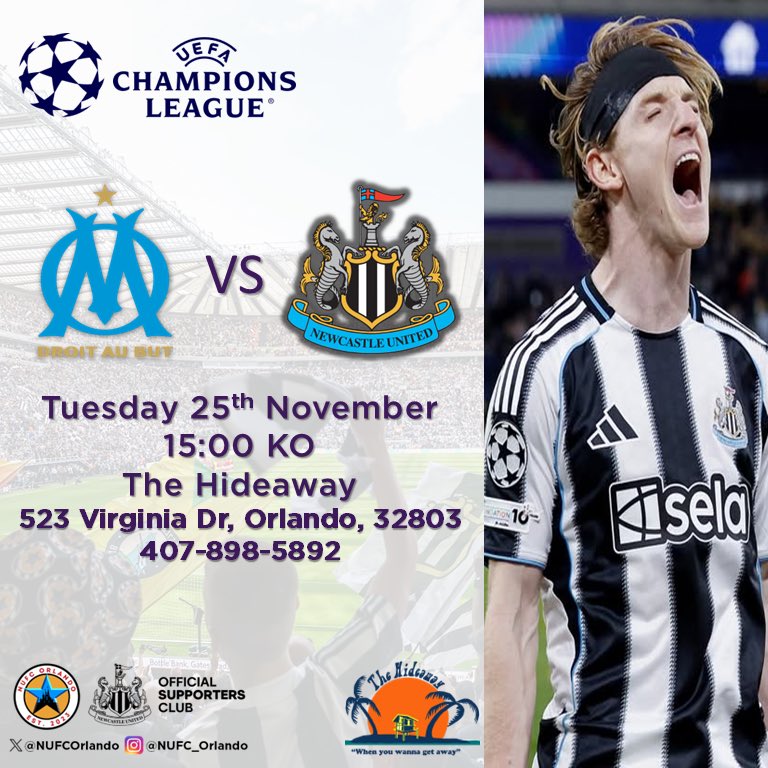NUFCOrlando's tweet image. Midweek @championsleague away day with Club18-92 to the south of France!

Join the @nufc fans based in Orlando. New &amp;amp; visiting fans welcomed!

🗓️ Nov 25
🕜 3pm
📍 The Hideaway Bar 
🆚 Marseille

#nufc #hwtl #toonarmy #OMNEW #UCL #championsleaugue