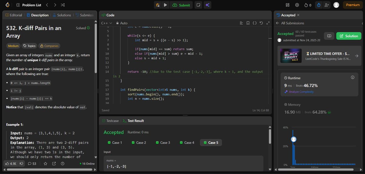 AshutoshP2128's tweet image. 🧠 Day-15 of my #100DaysOfCode-DSA Challenge! 💻

Solved today:
✅ K-diff Pairs in an Array [O(nlogn),O(n)]
- Could only think of the brute-force approach, learned 2 optimized O(n logn) method

💾 Code: github.com/Ashutosh2128/C…

#DSA #LeetCode #GFG #ProblemSolving #CodingChallenge