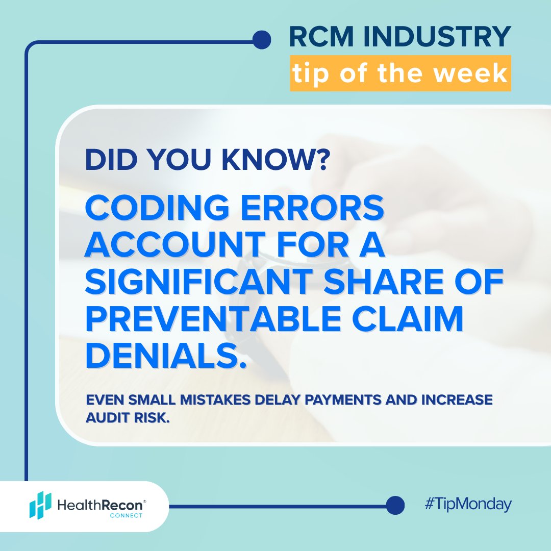 Health_Recon's tweet image. Coding errors cause many preventable denials, slowing down payments and raising audit risk.

At HealthRecon Connect, our expertise and smart automation keep claims clean, compliant, and paid on first submission

#MedicalCoding #RCM #HealthReconConnect #TipMonday