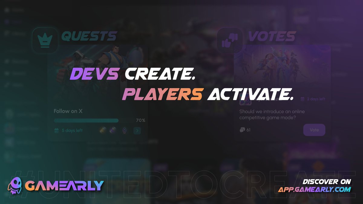 Gamearly's tweet image. Devs create. Players activate.

Through Gamearly votes and social quests, players directly influence game development.

It’s not just a platform, it’s an ecosystem 💡

#Gamearly #GameDev #CommunityPower #unitedtocreate