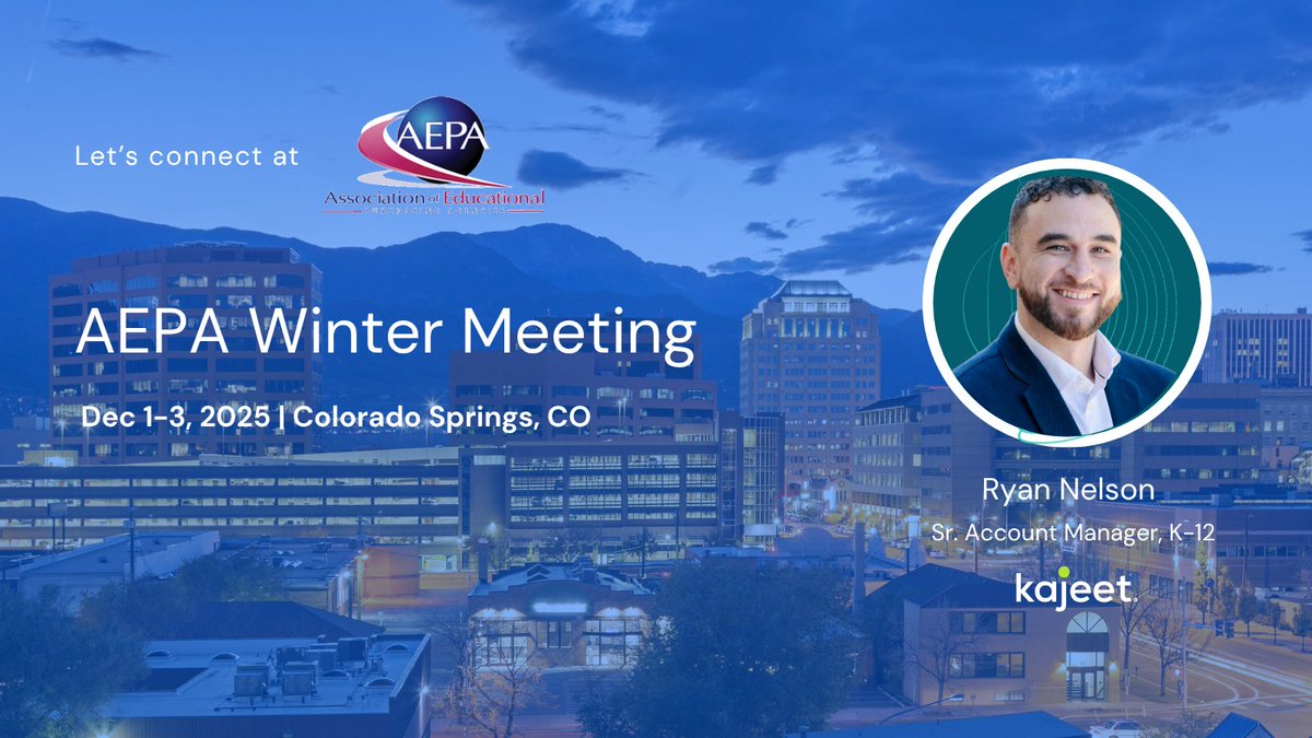 Kajeet's tweet image. Rocky Mountains, here we come! Kajeet is excited to join the AEPA Winter Meeting in Colorado Springs, December 1–3. 
hubs.ly/Q03TlVSK0

#AEPA #EdTech #DigitalEquity