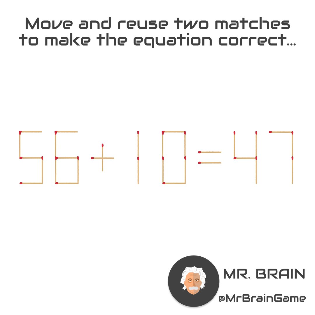 MrBrainGame's tweet image. Only sharp minds get this...

#MrBrainGame #puzzle #brainteasers #chalange #math #matches