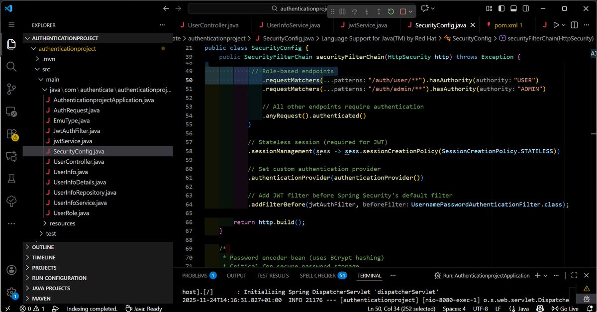 tee_tobin's tweet image. Today I built a simple JWT authentication in Spring Boot.
One thing I realized: understanding filters is more important than memorizing code.
If you get the flow → Security becomes fun instead of confusing.