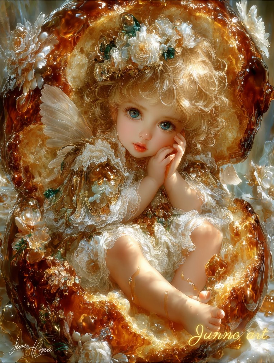 Jiyunosuke's tweet photo. Honey Brioche Eternal Home 〜 蜂蜜ブリオッシュのゆりかごに還る朝

Before the morning bell, she returned to the honey-lit cradle that waited for her.
The brioche once meant for breakfast has become a warm little home, glowing softly in the dawn.
Her tiny fingers trace the inner walls as if saying, “I’m home.”

May this gentle light bring a moment of calm to your morning.

朝の鐘より早く、彼女は蜂蜜色のゆりかごへそっと帰って��ました。
昨日は朝食だったブリオッシュが、今朝は優しいおうちに変わり、光の中で彼女を包みます。
小さな指で内側をなでながら、「ただいま」と語るように。

このあたたかい朝の光が、あなたの今日にも寄り添いますように。

#JUNNOart #HoneyDawnSanctuary #BriocheCradle #HoneyLight #GoldenMorning #FantasyArt #AIart #WarmthAndLight