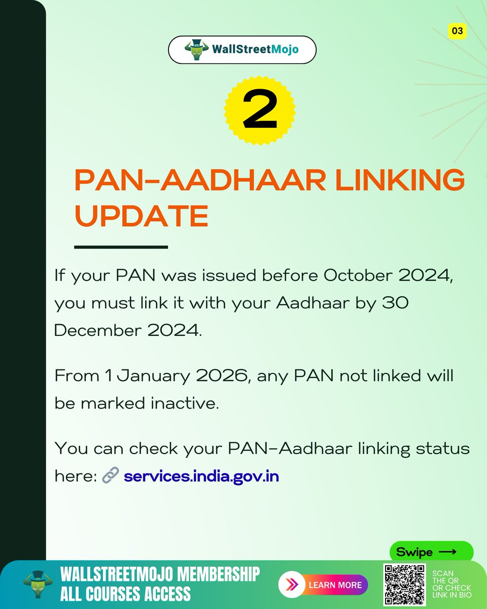 wallstreetmojo's tweet image. ✨ Before December Starts You MUST Know These 7 Updates!

🚀 BLACK FRIDAY DEAL IS LIVE! 🎓

👉 Join Now: wallstreetmojo.com/exclusive-offe…

(⚠️ Disclaimer: This content is for general informational purposes only.)

#AadhaarUpdate #PANLinking #BankingRules #GSTUpdates #PensionRules