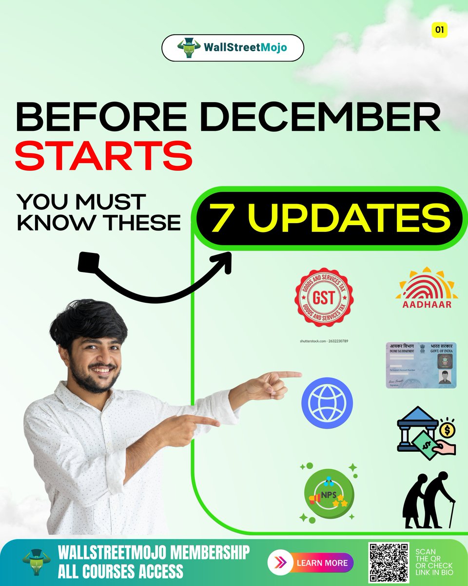 wallstreetmojo's tweet image. ✨ Before December Starts You MUST Know These 7 Updates!

🚀 BLACK FRIDAY DEAL IS LIVE! 🎓

👉 Join Now: wallstreetmojo.com/exclusive-offe…

(⚠️ Disclaimer: This content is for general informational purposes only.)

#AadhaarUpdate #PANLinking #BankingRules #GSTUpdates #PensionRules