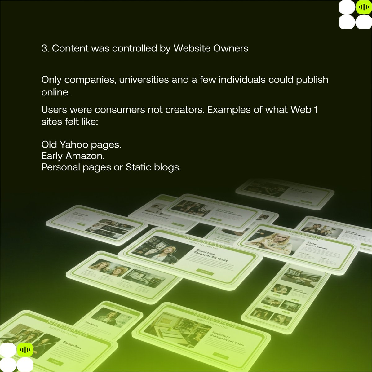 Web3Discuss's tweet image. Controlled by the Few.

In the Web1.0 era, the internet was a one-way street. Only companies, universities and a handful of tech-savvy individuals could publish content. Regular users? We were just spectators. No uploads, no comments, no voice. 

Websites felt more like online…