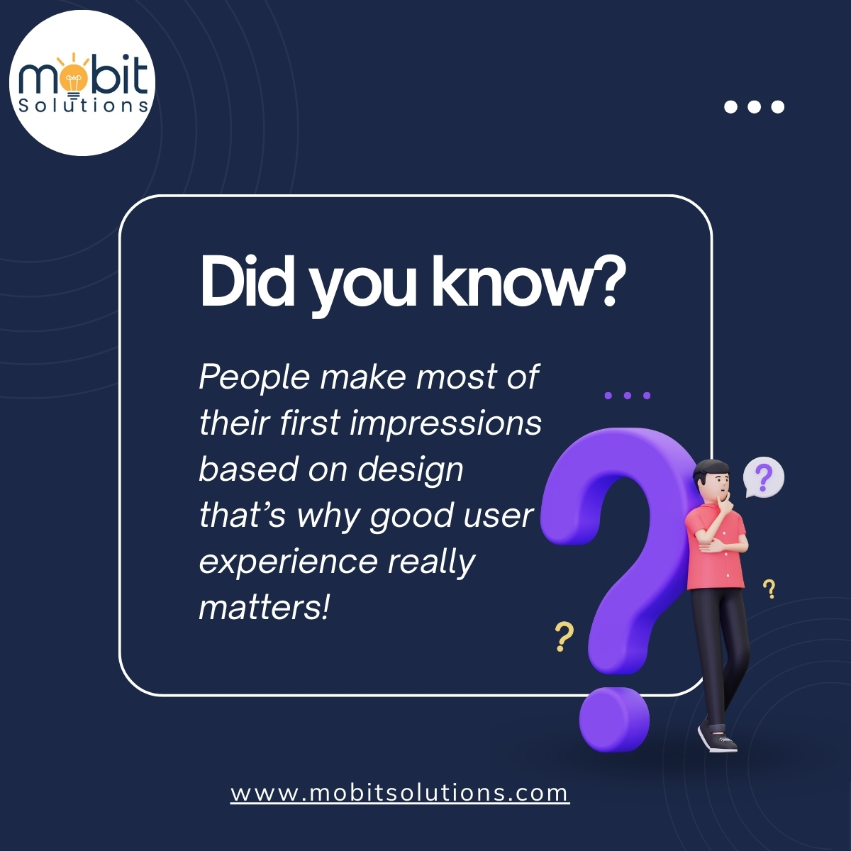 Mobit_Solutions's tweet image. 💡 Did you know? Most first impressions come from design!

Great UX keeps users engaged. At Mobit Solutions, we build designs that are smart, intuitive, and results-driven. ✨

Want to elevate your digital presence? Let’s talk! 💬

#UXDesign #UserExperience #DesignMatters