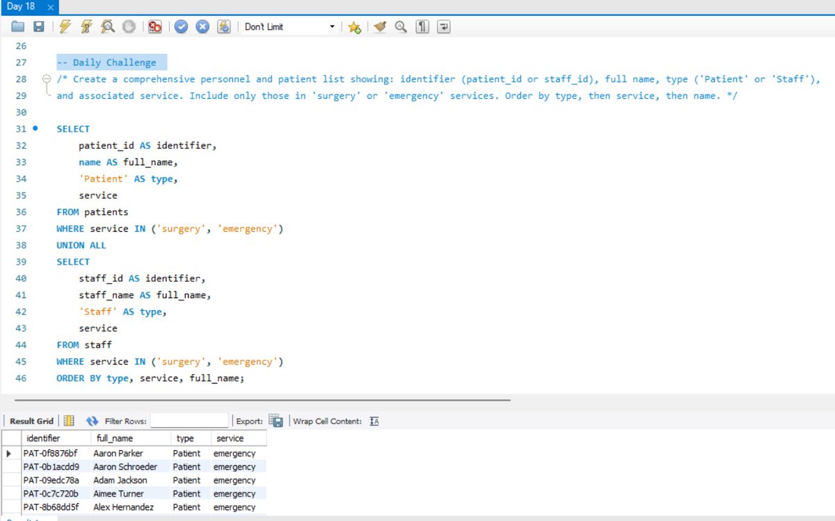 shreya_kataru's tweet image. 🗓️ Day 18 of #21DaysSQLChallenge by
@indiandataclub!

Today was all about UNION and UNION ALL!

- UNION: Removes duplicate rows (slower) 
- UNION ALL: Keeps all rows including duplicates (faster)

 #SQLWithIDC #SQL