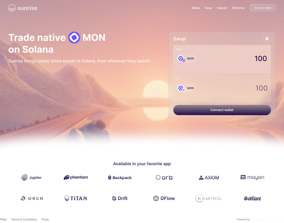 Sunrise_DeFi's tweet image. Sunrise is now live. MON has arrived on Solana.

You can now trade MON against USDC, SOL, and other native Solana assets.

If you hold MON on Monad, you can now move it to Solana — and back — through Sunrise.

Get started below.