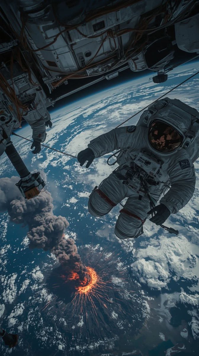 InterestingSci1's tweet image. Good Night X Family 
“Astronauts witnessing Earth’s raw power from above—an explosive volcanic eruption lighting up the planet below.”
#Astronaut #ISS #Spacewalk #VolcanoEruption #ai