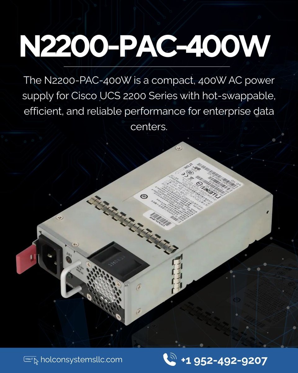 exciscokit's tweet image. The N2200-PAC-400W is the ideal compact power solution for your Cisco UCS 2200 Series. Offering a robust 400W AC output, this power supply ensures efficient and reliable performance critical for modern enterprise data centers. 

#holconsystems #networkingsolutions #ithardware