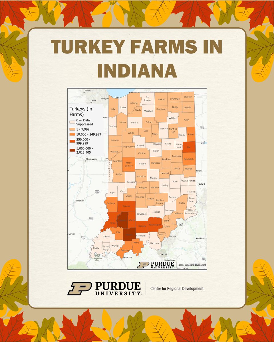 pcrd's tweet image. Happy #MondayMapping!
This week’s focus is on Thanksgiving! What do you think of when you hear “Thanksgiving”? If it’s turkey, then we have a map for that! Let’s look at the turkey farms in Indiana. 🦃🗺️