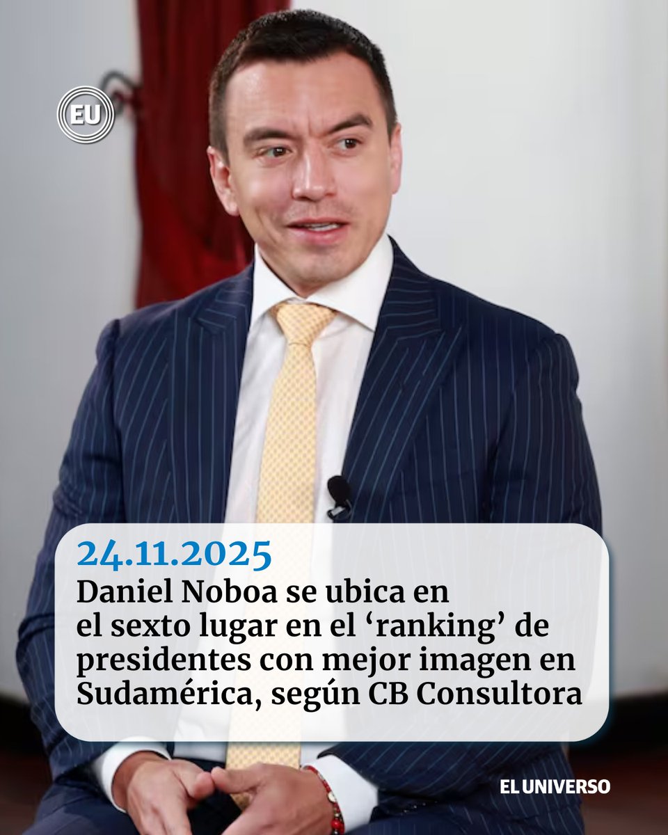 eluniversocom's tweet image. #DanielNoboa se ubica en el sexto lugar en el ‘ranking’ de presidentes con mejor imagen en Sudamérica, según CB Consultora ow.ly/YM2F50XwTcA