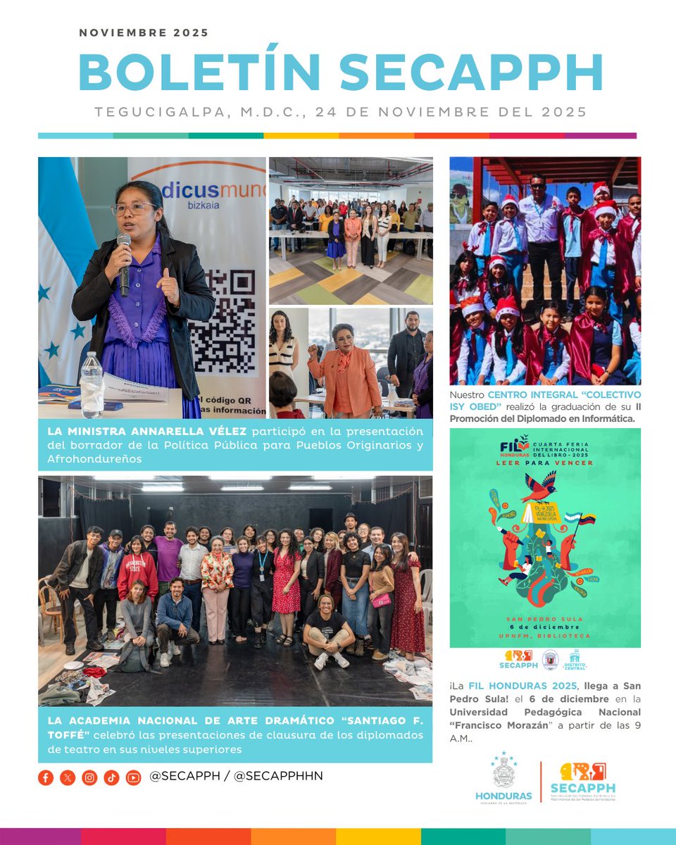 SECAPPH's tweet image. #SECAPPHHoy 🗞️✨| Mantente al día de todo lo que acontece en la SECAPPH, te compartimos nuestro boletín informativo de la semana. 

🎶🎼¡Arte y cultura para el desarrollo de Honduras! 🎭🖌️🖼️🎨

#SECAPPH #Artes #Culturas #EducaciónArtística #Patrimonios #Honduras