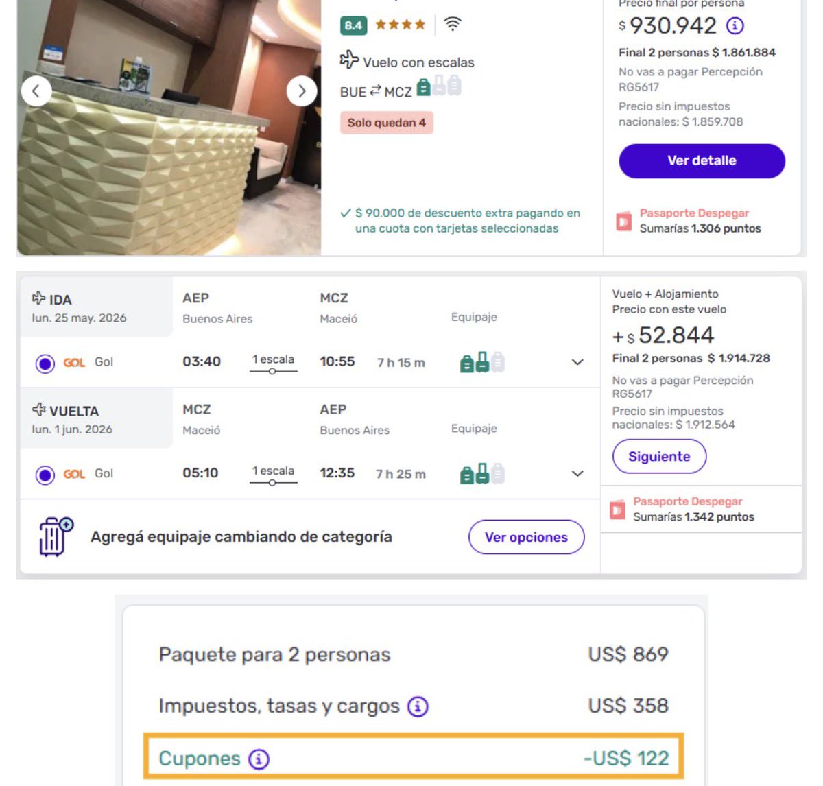 MACEIO🇧🇷

Paquetes de Buenos Aires a Maceio desde 552 usd por persona en base doble 

Son paquetes aprovechando el código de descuento por black Friday

Para ver opciones

urls.promociones-aereas.com.ar/i7nov5pnz3