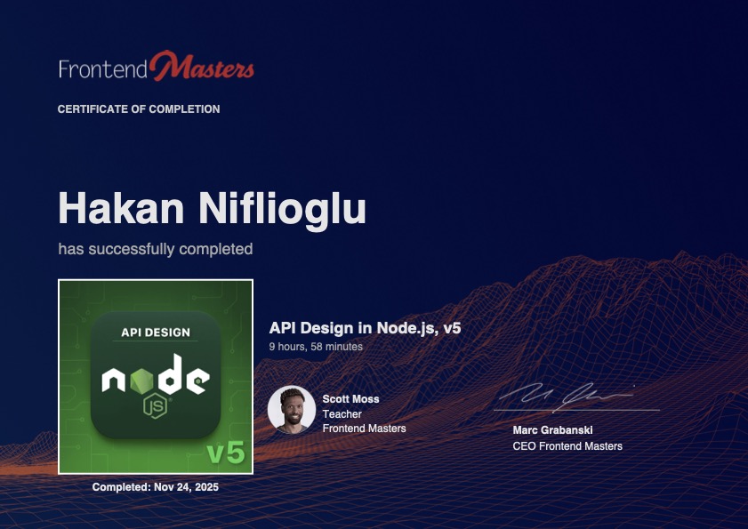 hakan_niflioglu's tweet image. I just completed &quot;API Design in Node.js, v5&quot; by Scott Moss on @FrontendMasters! frontendmasters.com/courses/api-de… #APIDesign #RESTfulAPI #BackendArchitecture #Nodejs #ScalableSystems