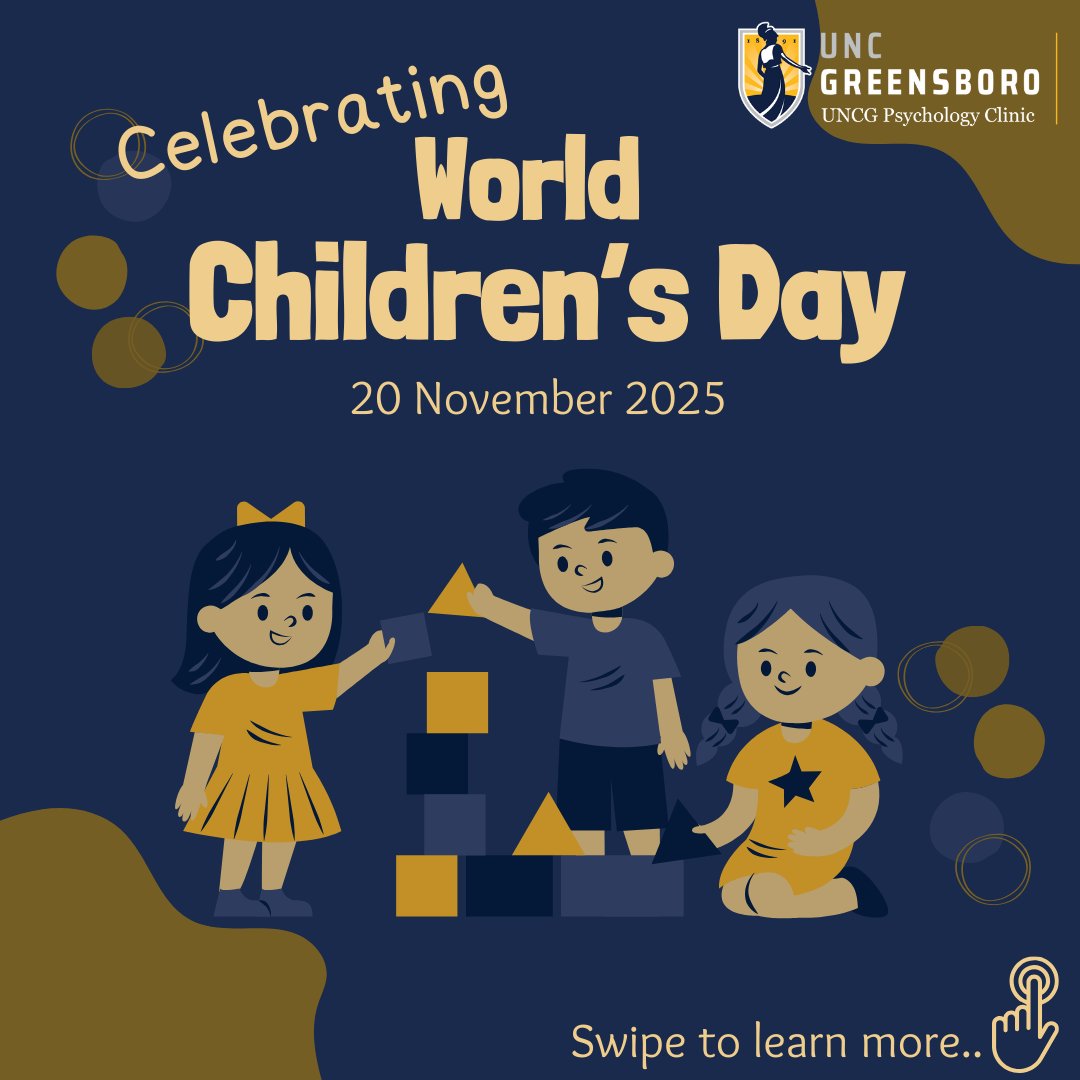 UNCGPsyClinic's tweet image. Celebrating World Children&apos;s Day on November 20th 💛
#childdevelopment #children #psychology #therapy #childrensday 

Disclaimer: The information provided here is for informational purposes only and is not intended as professional mental health advice, diagnosis, or treatment.