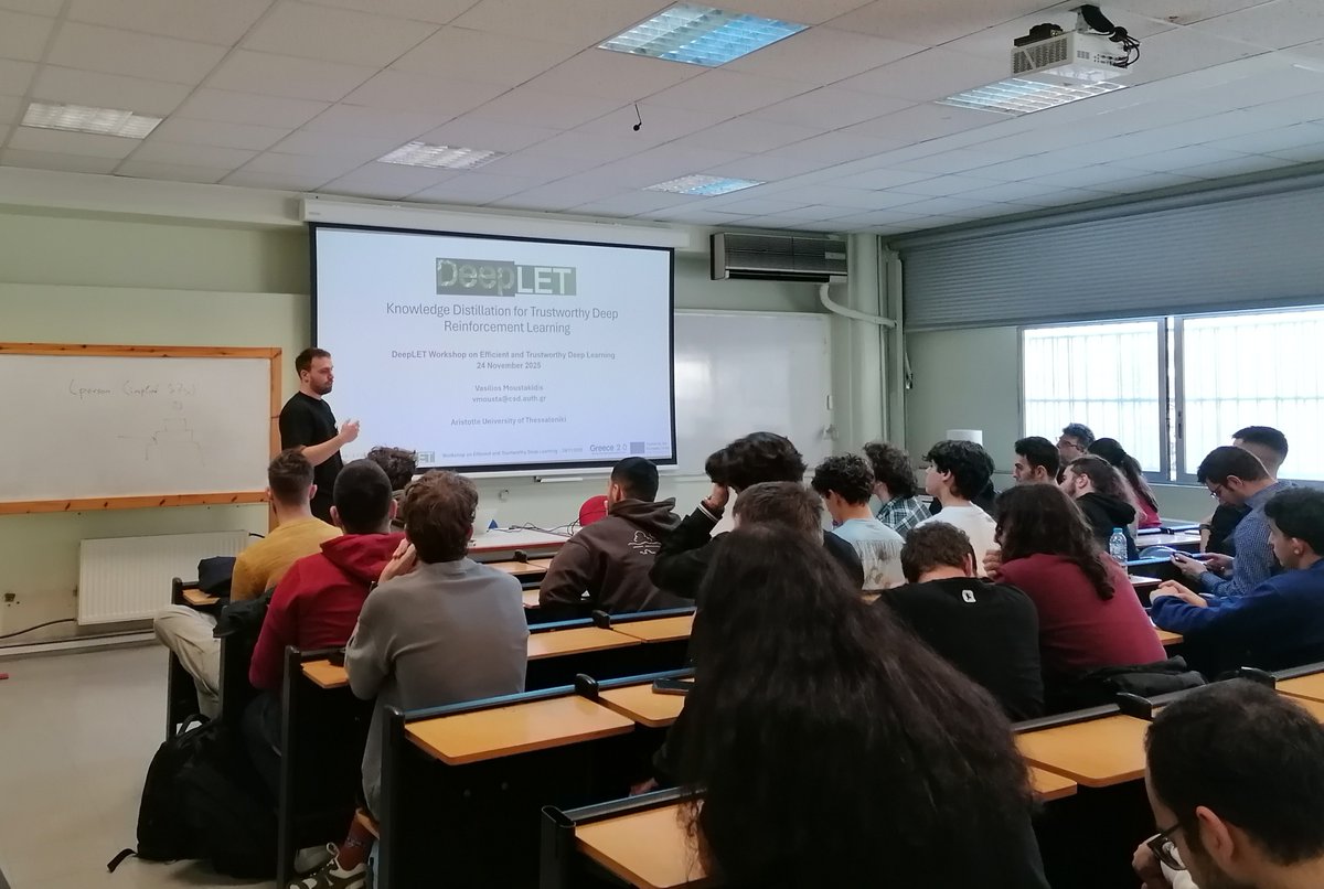 DeepletProject's tweet image. Next presentation for our today&apos;s workshop &quot;Efficient and Trustworthy Deep Learning&quot; is on &quot;Knowledge Distillation for Trustworthy DRL&quot; by the DeepLET researcher Vasilis Moustakidis!
𝘏𝘍𝘙𝘐-𝘗𝘳𝘰𝘫𝘦𝘤𝘵 𝘯𝘶𝘮𝘣𝘦𝘳: 16762 #hfri #eu #elidek #nextgenerationeu #greece2_0 #ai