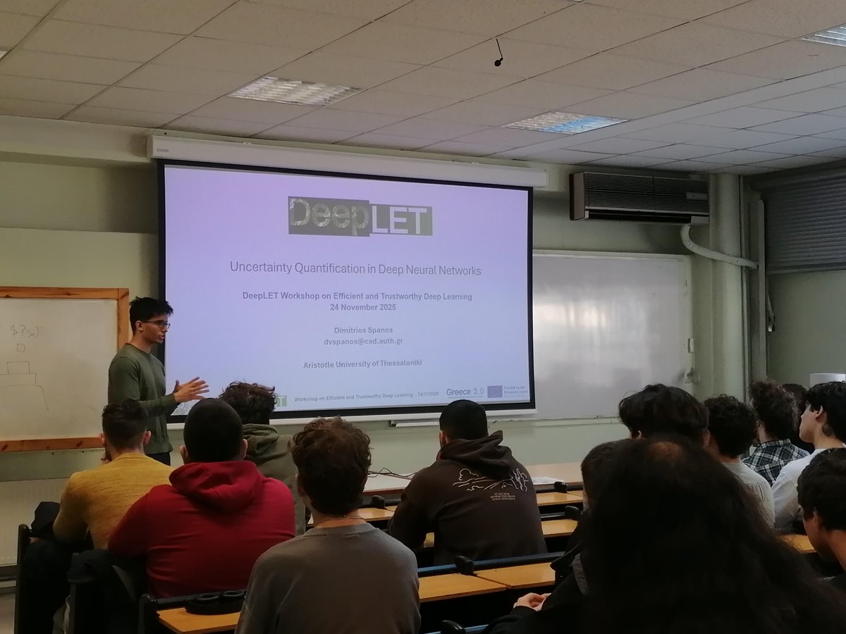 DeepletProject's tweet image. Dimitris Spanos, DeepLET researcher &amp;amp; PhD student on the Deep Learning sector, is now presenting &quot;Efficient and Trustworthy Deep Learning&quot; in our ongoing workshop!
Implementation by 𝘏𝘍𝘙𝘐-𝘗𝘳𝘰𝘫𝘦𝘤𝘵 𝘯𝘶𝘮𝘣𝘦𝘳: 16762 
#hfri #eu #elidek #nextgenerationeu #greece2_0 #ai