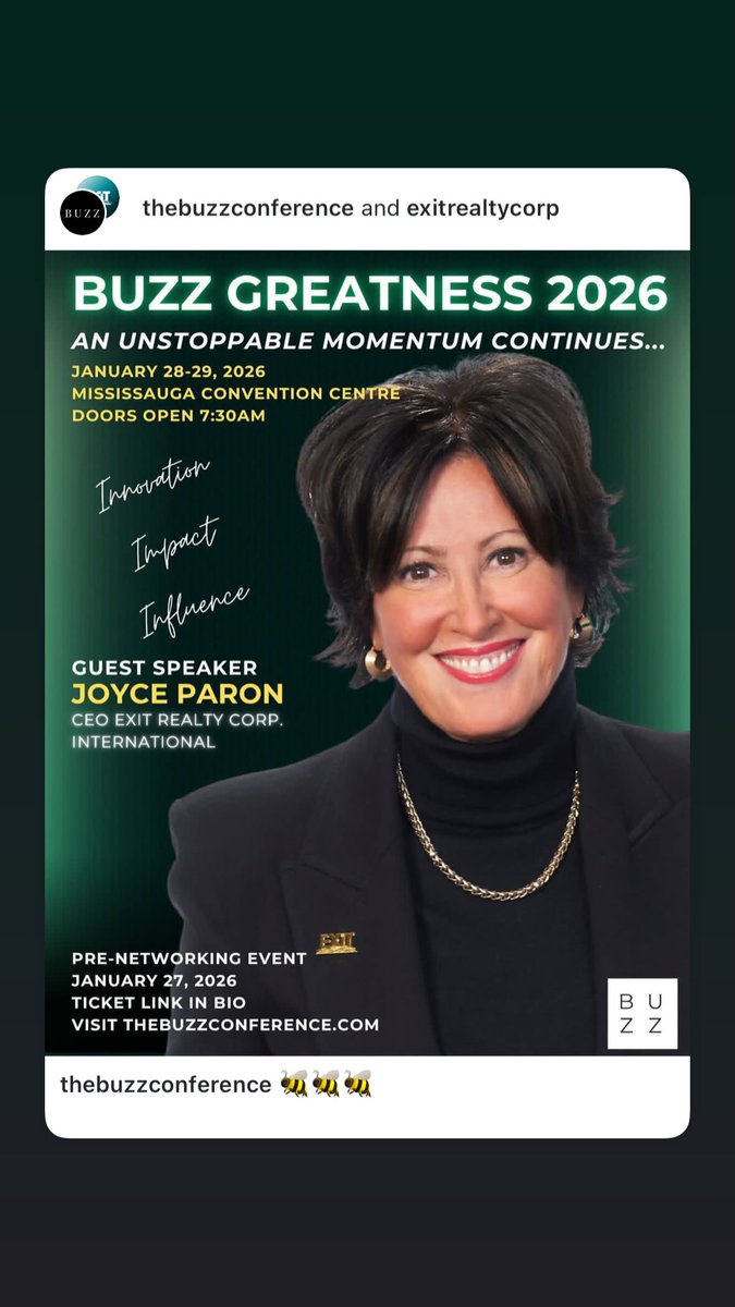exitrealtycorp's tweet image. We&apos;re excited to share that Joyce Paron will be speaking at BUZZ Greatness 2026! Get your tickets now at thebuzzconference.com 🐝 #exitrealty #buzzbuzzmediainc