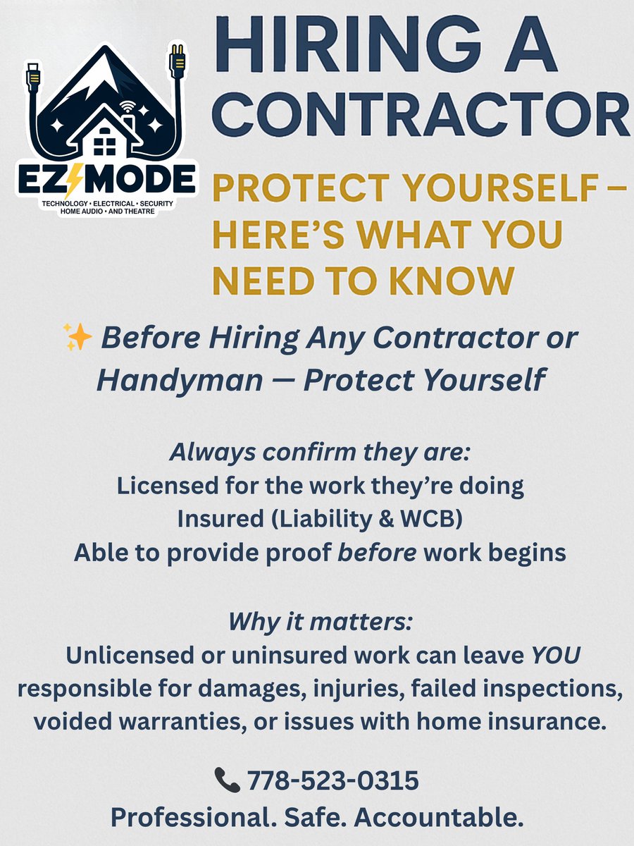 EZModeAV's tweet photo. ✨ Always verify that your contractor or handyman is:

Licensed for the work they are doing

Insured (liability &amp; WCB)

Able to provide proof of both — before the job begins

This protects you.

#EZMode #LicensedAndInsured #BCContractors #HomeSafety #SupportLocalBC https://t.co/7QID04i1BT