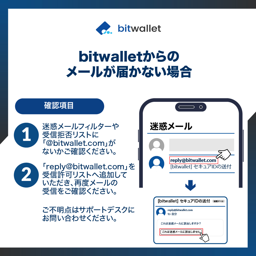 bitwalletからのメールが届かない場合は、以下の点をご確認ください。

1. ご利用の通信キャリアによっては、迷惑メールフィルターの設定が強化されている場合があります。

2. お手数ですが、迷惑メールの受信設定をご確認いただき、設定変更後に再度メールの受信をお試しください。