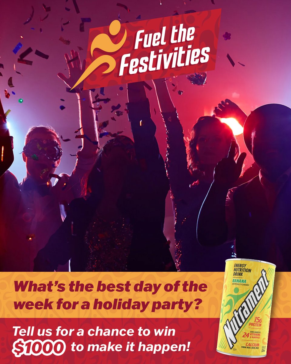 nutrament's tweet image. What’s the best day of the week for a holiday party? 🎉​ Tell us, and you could party with an extra $1,000! Use hashtag #NutramentHolidayPromotion to enter (18+).​ Official Rules &amp;amp; details for winner notification procedure: nutrament.com/rules/

#Nutrament #FuelYourNow