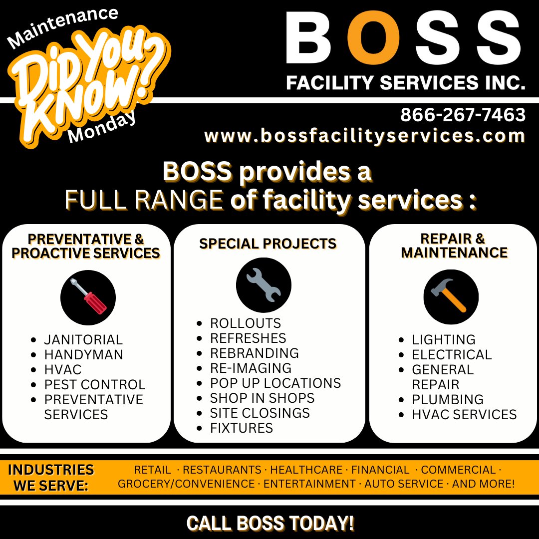 BOSSFSI's tweet image. Did You Know that you can rely on BOSS for all your facility services needs?  We would love to work with you!  No job too big or too small!  Even if you don&apos;t need us now, keep our number handy for the future! 866-267-7463.  
👍
 #BOSS #BossFSI #BOSSfacilityservices